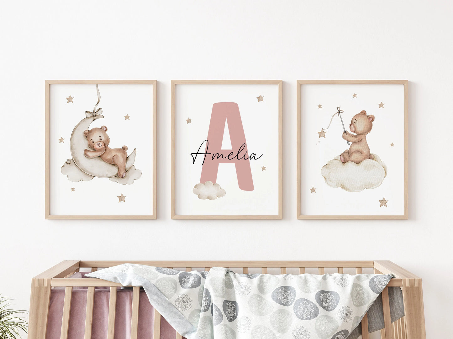 Custom baby name sign teddy bear nursery print, kids room name sign watercolor bear moon balloon, personalised nursery decor | SuArtPrintStudio