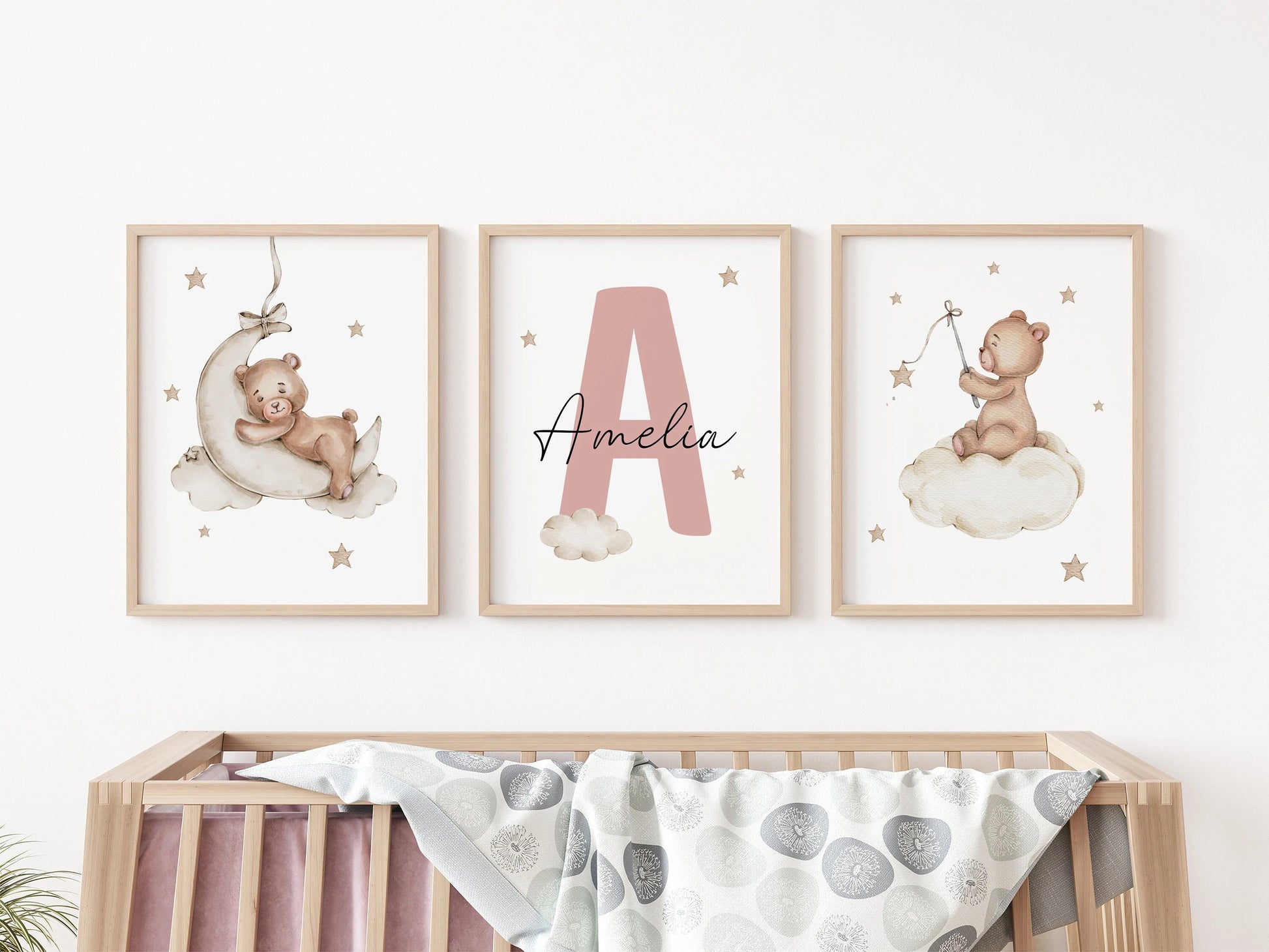 Custom baby name sign teddy bear nursery print, kids room name sign watercolor bear moon balloon, personalised nursery decor | SuArtPrintStudio