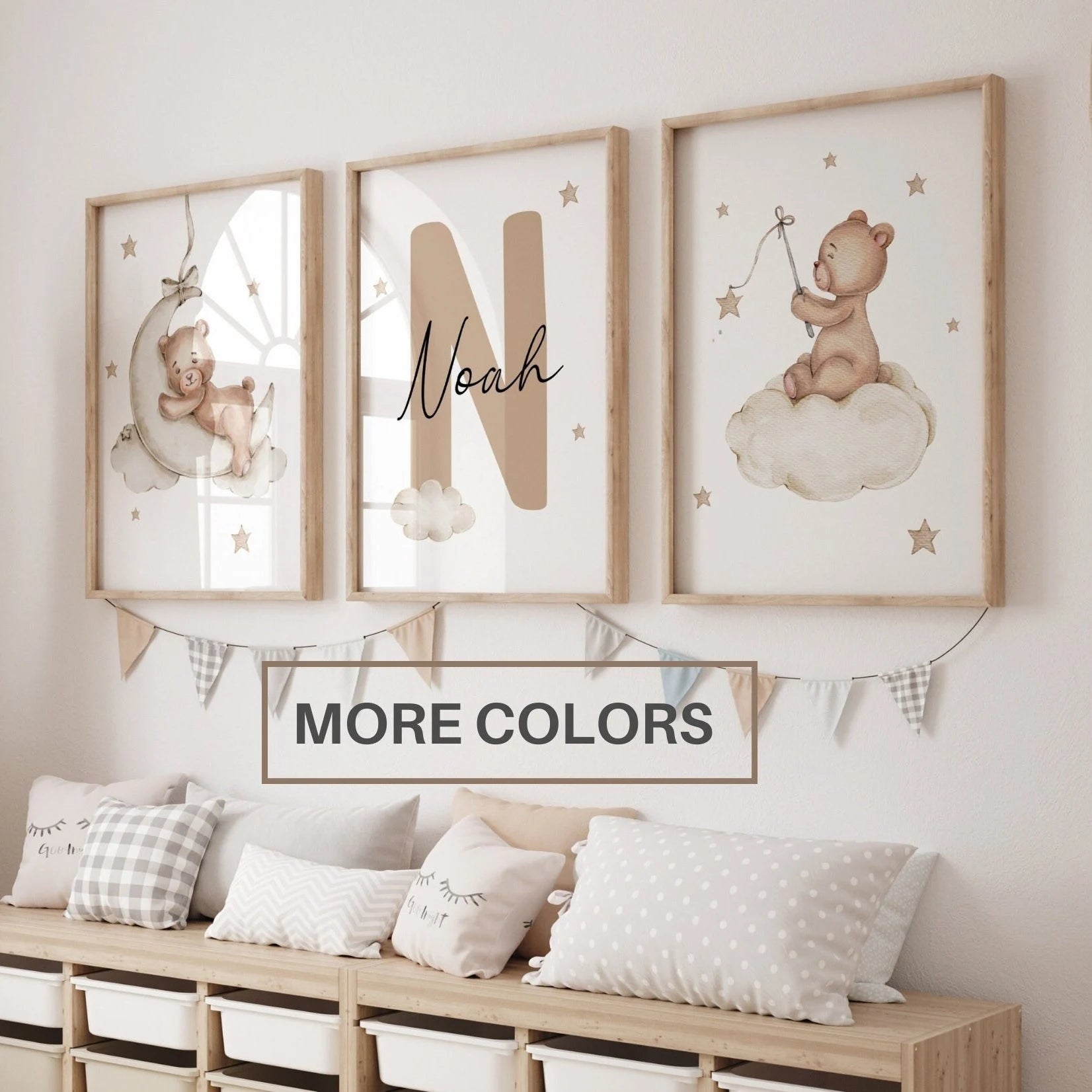 Personalised teddy bear nursery name sign, set of 3 nursery wall art, baby name sign ,neutral nursery decor digital download