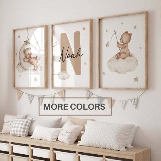 Personalised teddy bear nursery name sign, set of 3 nursery wall art, baby name sign ,neutral nursery decor digital download