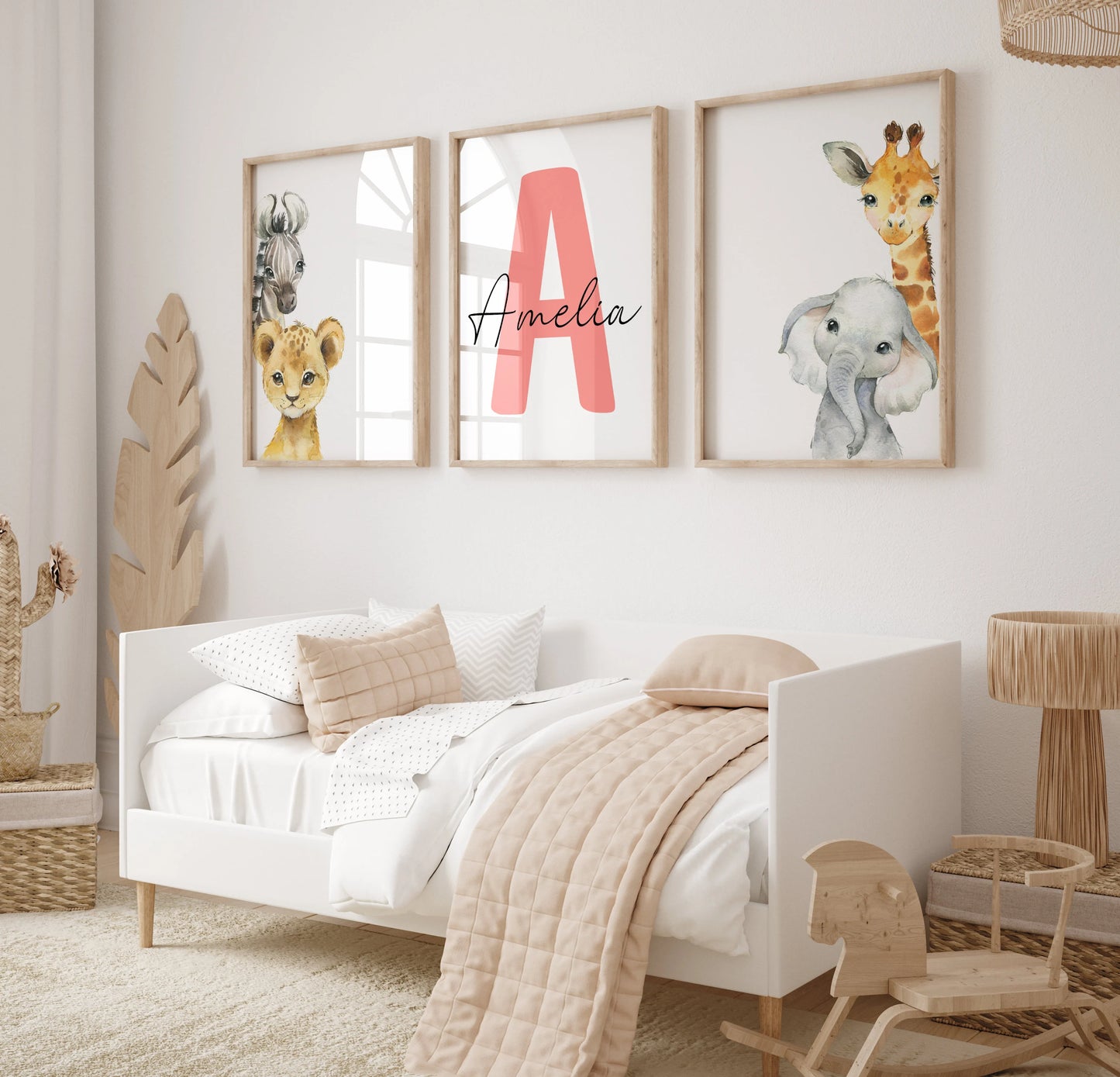 Set of 3 Safari Animal Nursery Decor Wall Art Print| Personalized Baby Name Sign| Jungle Animal ,Lion, Elephant, Giraffe, Zebra (Digital Download)