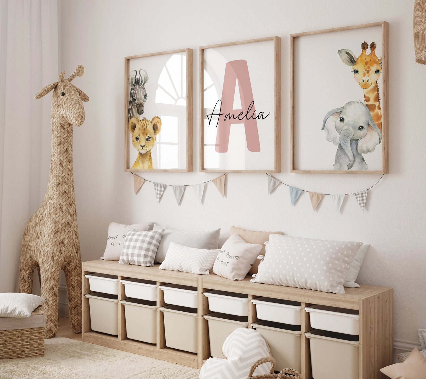 Set of 3 Safari Animal Nursery Decor Wall Art Print| Personalized Baby Name Sign| Jungle Animal ,Lion, Elephant, Giraffe, Zebra (Digital Download)