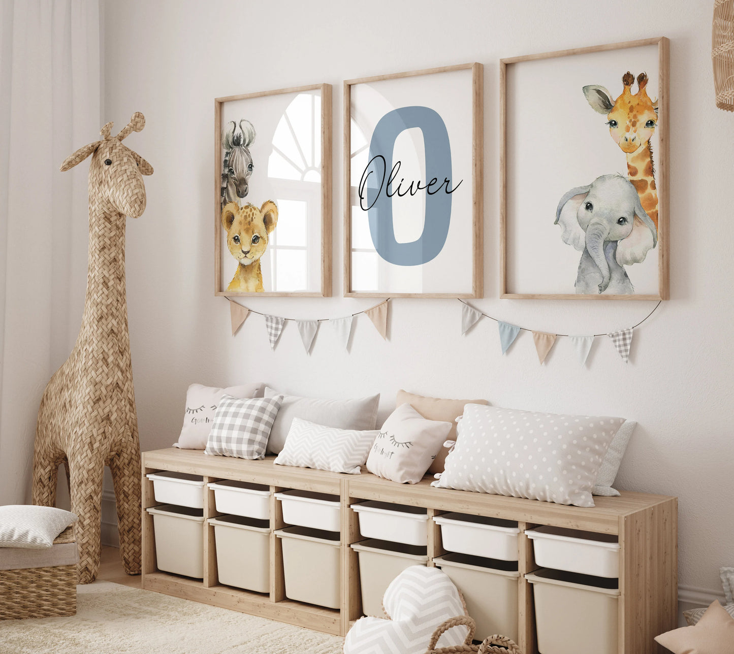 Set of 3 Safari Animal Nursery Decor Wall Art Print| Personalized Baby Name Sign| Jungle Animal ,Lion, Elephant, Giraffe, Zebra (Digital Download)