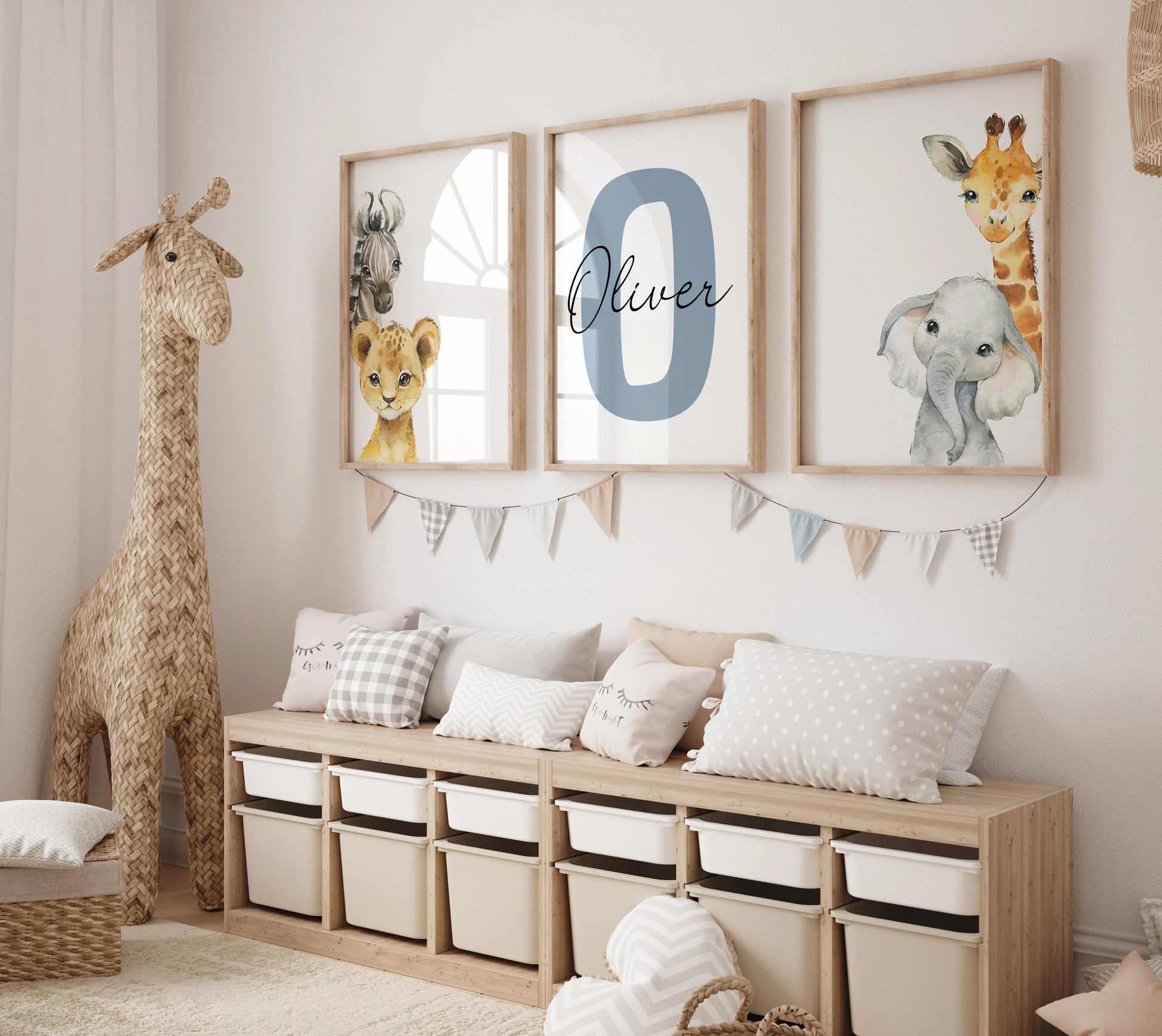 Set of 3 Safari Animal Nursery Decor Wall Art Print| Personalized Baby Name Sign| Jungle Animal ,Lion, Elephant, Giraffe, Zebra (Digital Download)