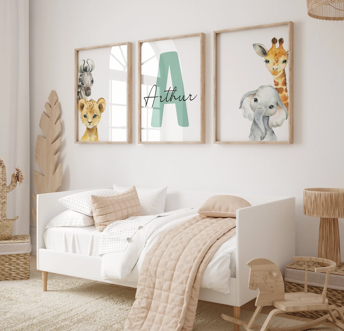 Set of 3 Safari Animal Nursery Decor Wall Art Print| Personalized Baby Name Sign| Jungle Animal ,Lion, Elephant, Giraffe, Zebra (Digital Download)