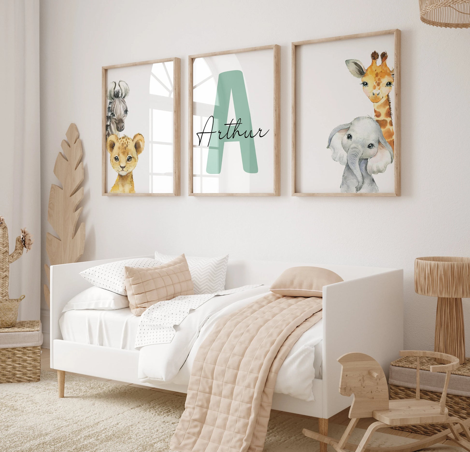 Set of 3 Safari Animal Nursery Decor Wall Art Print| Personalized Baby Name Sign| Jungle Animal ,Lion, Elephant, Giraffe, Zebra (Digital Download)