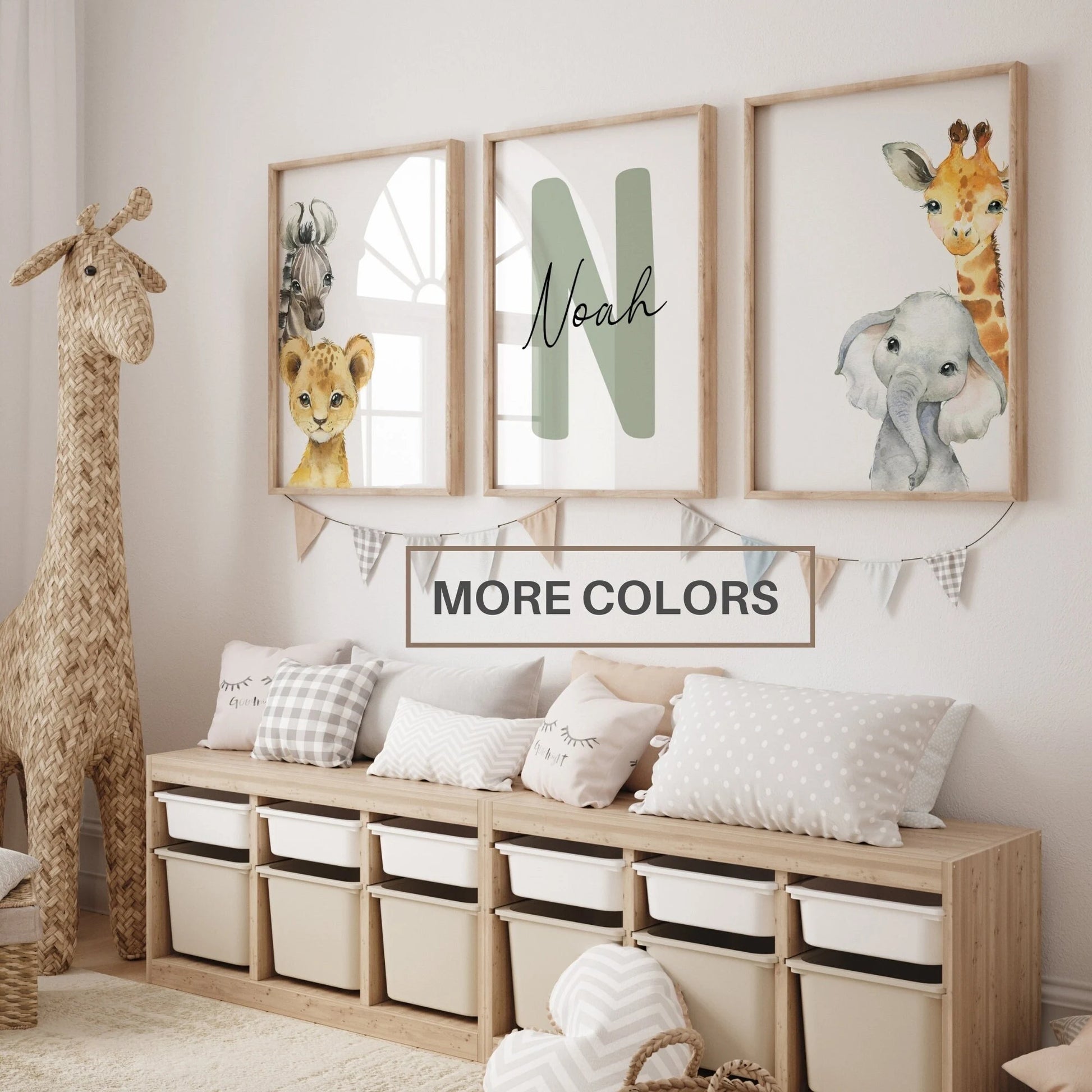 Set of 3 Safari Animal Nursery Decor Wall Art Print| Personalized Baby Name Sign| Jungle Animal ,Lion, Elephant, Giraffe, Zebra (Digital Download)