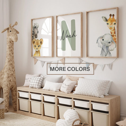 Set of 3 Safari Animal Nursery Decor Wall Art Print| Personalized Baby Name Sign| Jungle Animal ,Lion, Elephant, Giraffe, Zebra (Digital Download)