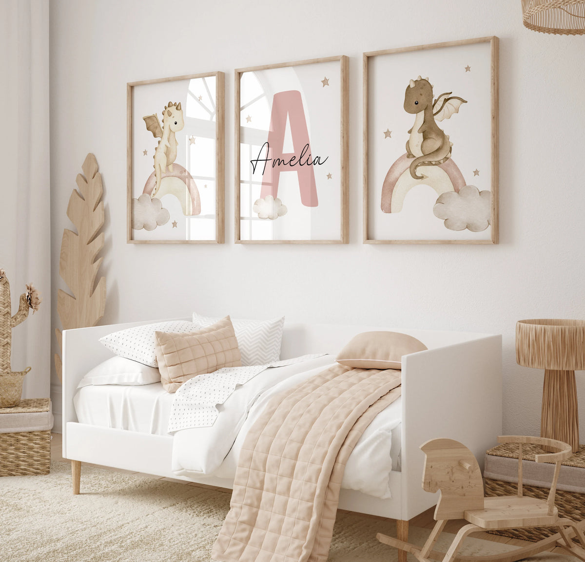 Baby Dragons Nursery Wall Art Print Set of 3 | Custom Baby Name Sign (Digital Download)