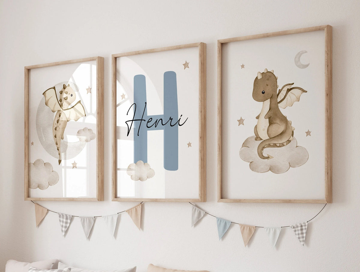 Baby Dragons Nursery Wall Art Print Set of 3 | Custom Baby Name Sign (Digital Download)