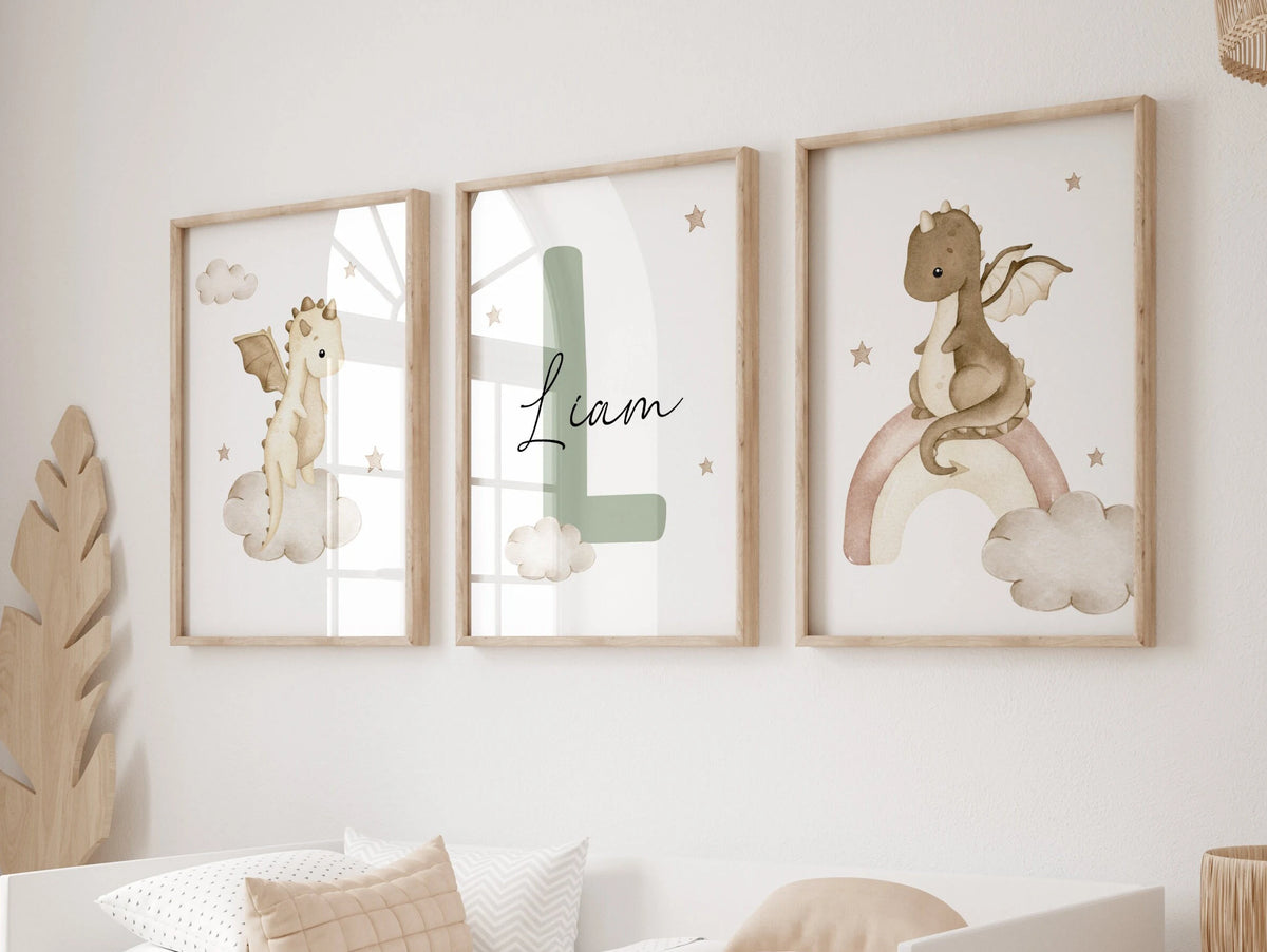 Baby Dragons Nursery Wall Art Print Set of 3 | Custom Baby Name Sign (Digital Download)