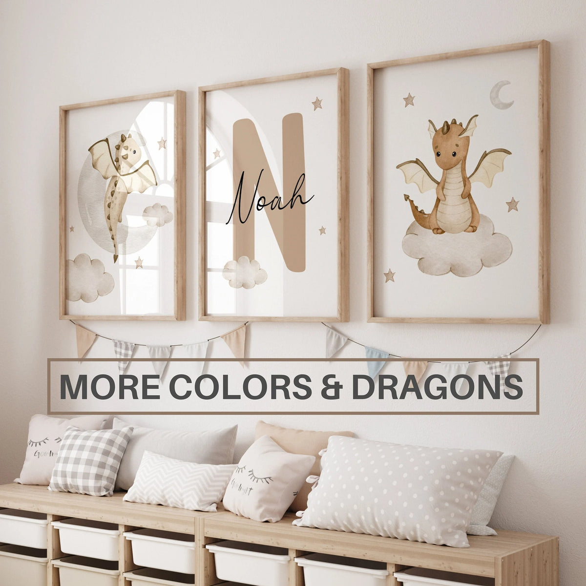 Baby Dragons Nursery Wall Art Print Set of 3 | Custom Baby Name Sign (Digital Download)