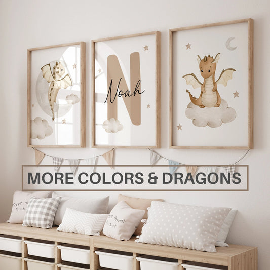 Baby Dragons Nursery Wall Art Print Set of 3 | Custom Baby Name Sign (Digital Download)