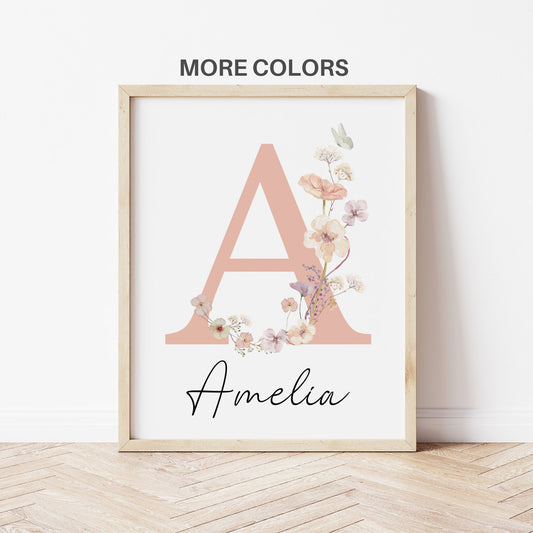 Custom name sign nursery wall art | boho wildflower baby girl decor | personalized nursery print | floral initial | watercolor nursery decor | baby name sign | digital download Suartprintstudio