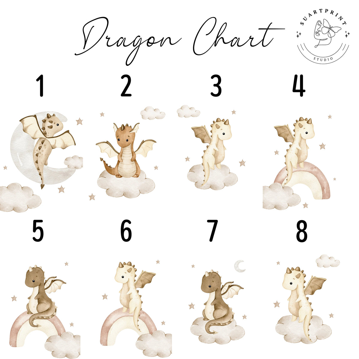 Baby Dragons Nursery Wall Art Print Set of 3 | Custom Baby Name Sign (Digital Download)