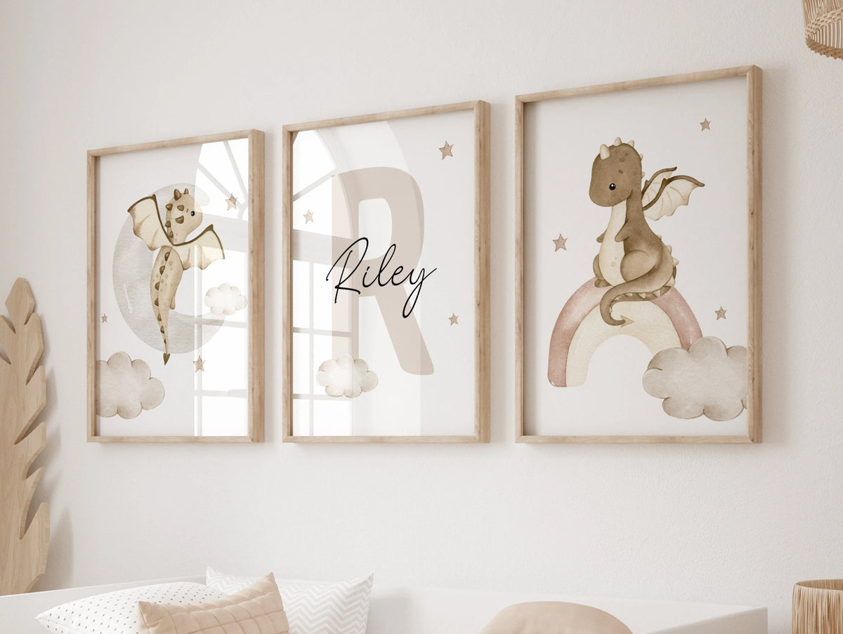 Baby Dragons Nursery Wall Art Print Set of 3 | Custom Baby Name Sign (Digital Download)