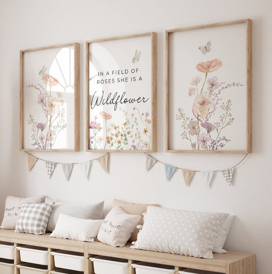 Wildflowers Nursery Wall Art Prints Set Of 3 | In a Field of Roses She is a Wldflower | Boho, Girl Nursery Decor | Digital download Suartprintstudio