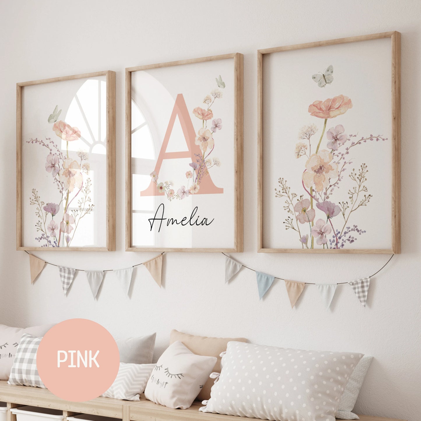 Personalized watercolor wildflowers nursery wall art. Custom name sign for baby girl room. Boho floral digital download print. High-res JPG, instant delivery. Suartprintstudio