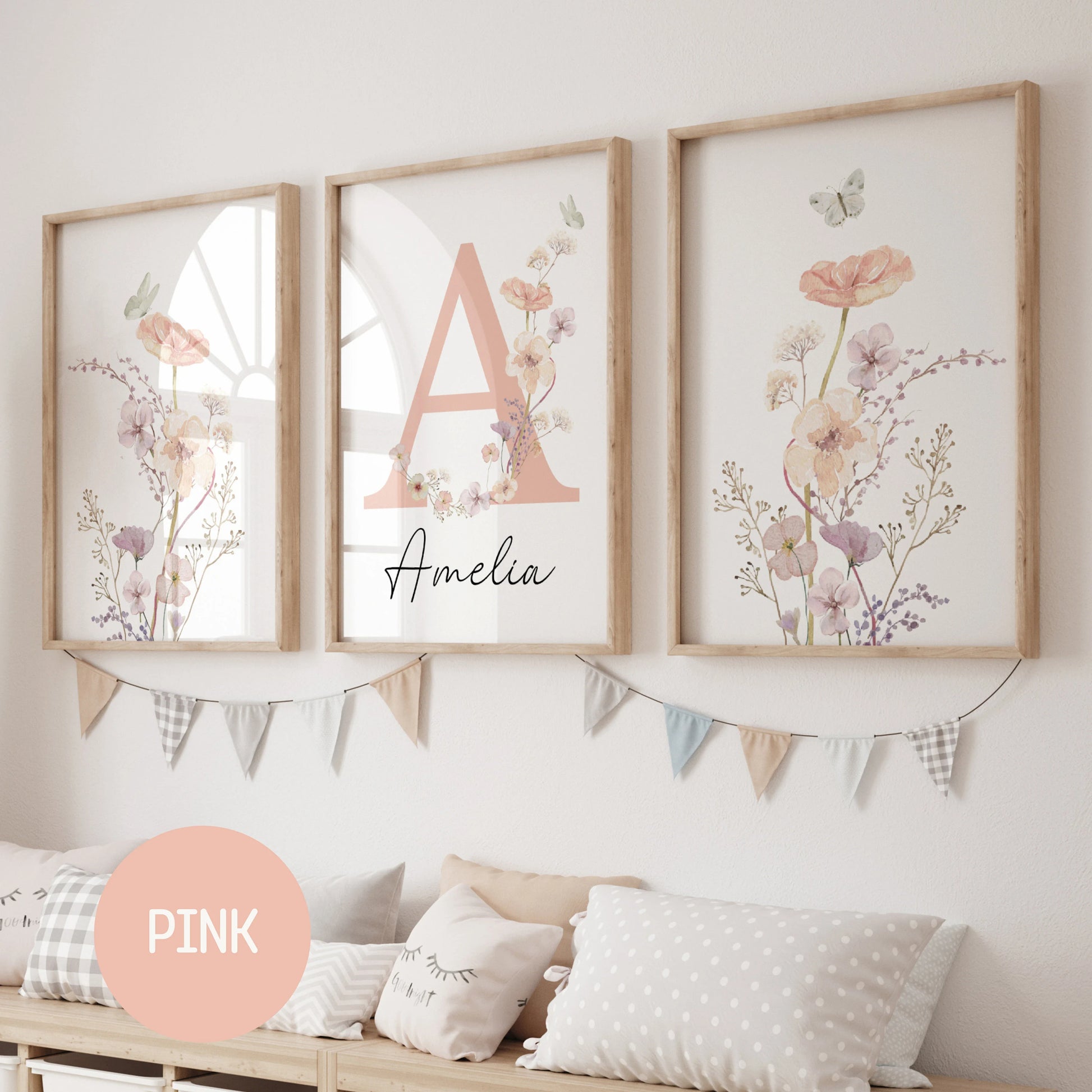 Personalized watercolor wildflowers nursery wall art. Custom name sign for baby girl room. Boho floral digital download print. High-res JPG, instant delivery. Suartprintstudio