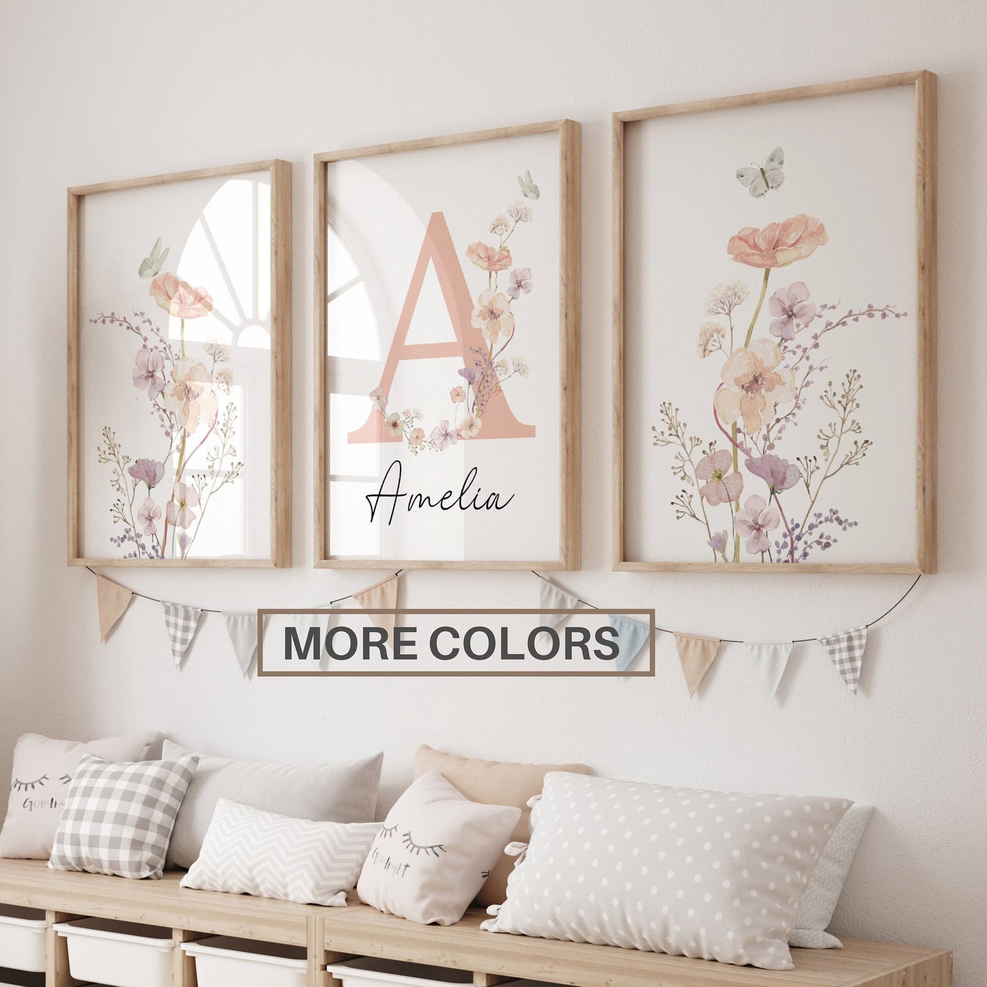 Personalized watercolor wildflowers nursery wall art. Custom name sign for baby girl room. Boho floral digital download print. High-res JPG, instant delivery. Suartprintstudio