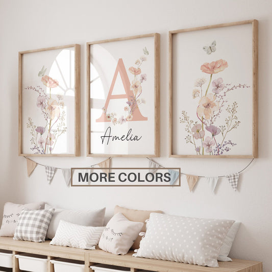 Personalized watercolor wildflowers nursery wall art. Custom name sign for baby girl room. Boho floral digital download print. High-res JPG, instant delivery. Suartprintstudio