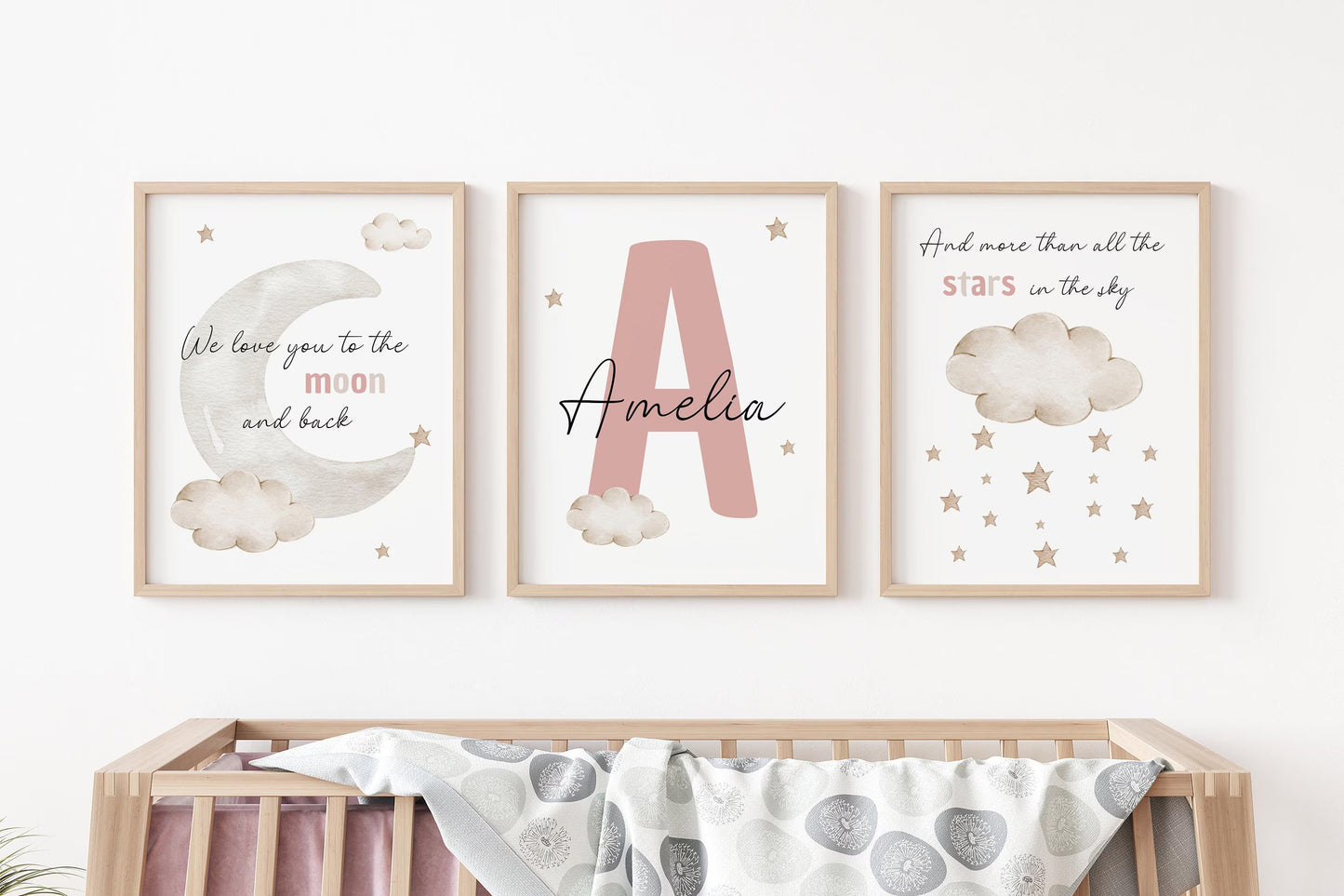 personalized nursery wall art set moon stars cloud neutral baby name prints set of 3 Suartprintstudio
