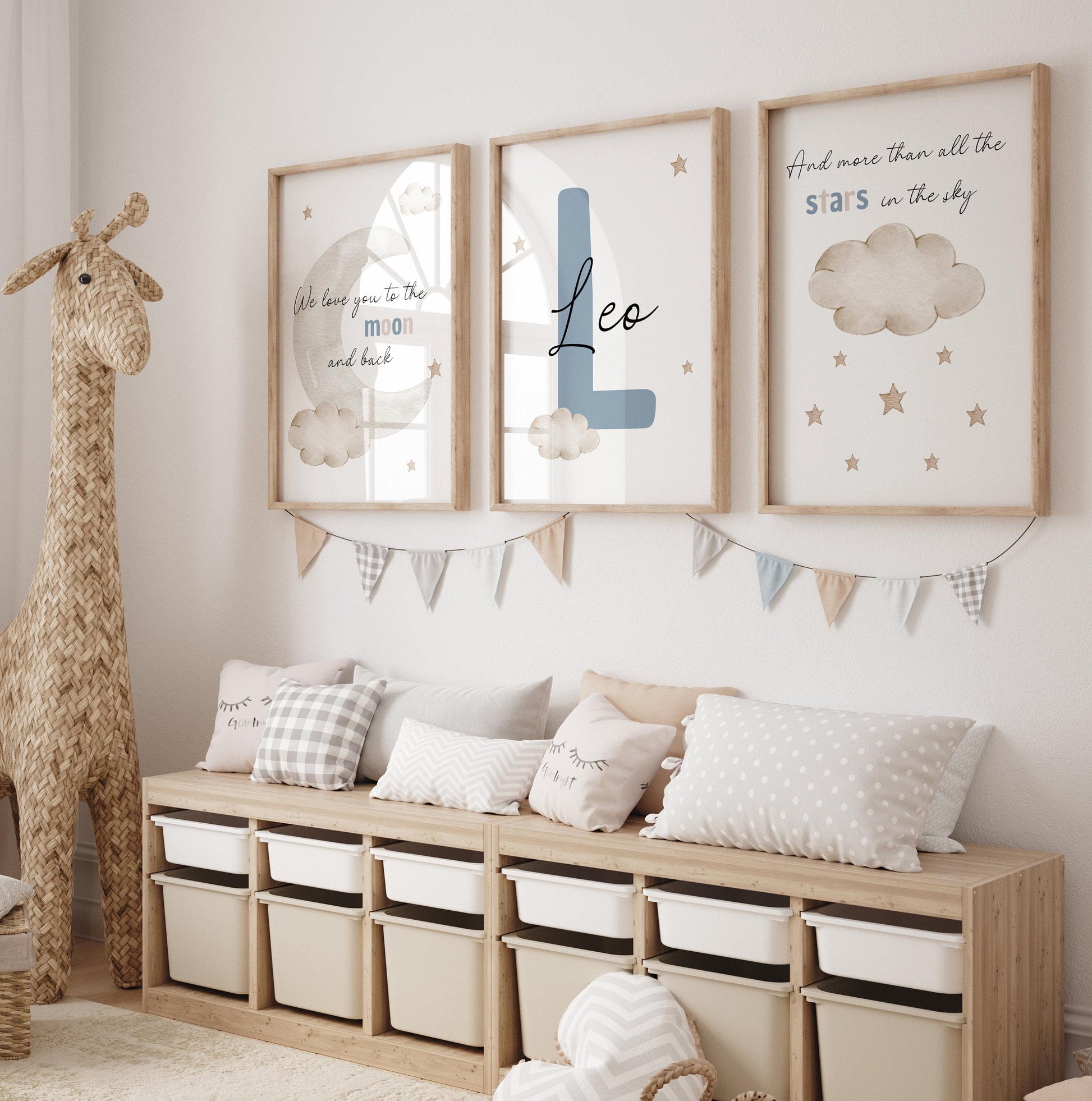 personalized nursery wall art set moon stars cloud neutral baby name prints set of 3 Suartprintstudio