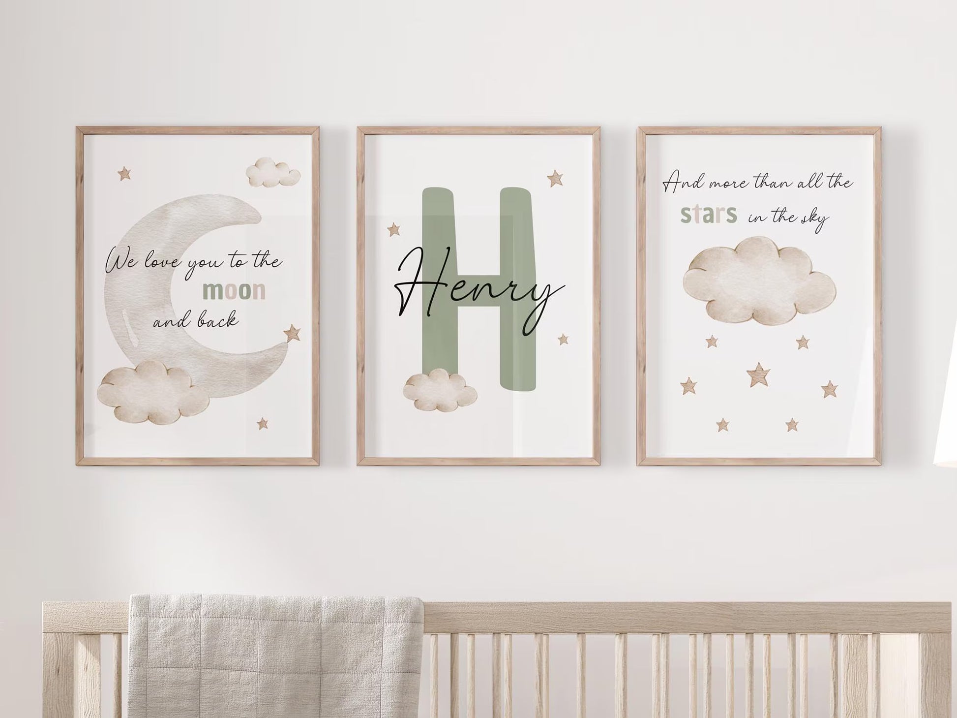 baby name Sign nursery  wall art prints set of 3 moon stars nursery prints, neutral decor, suartprintstudio