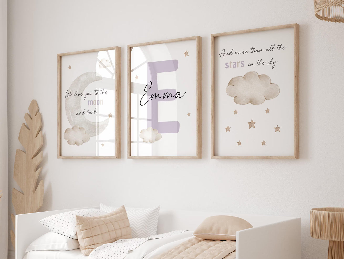 personalized nursery wall art set moon stars cloud neutral baby name prints set of 3 Suartprintstudio