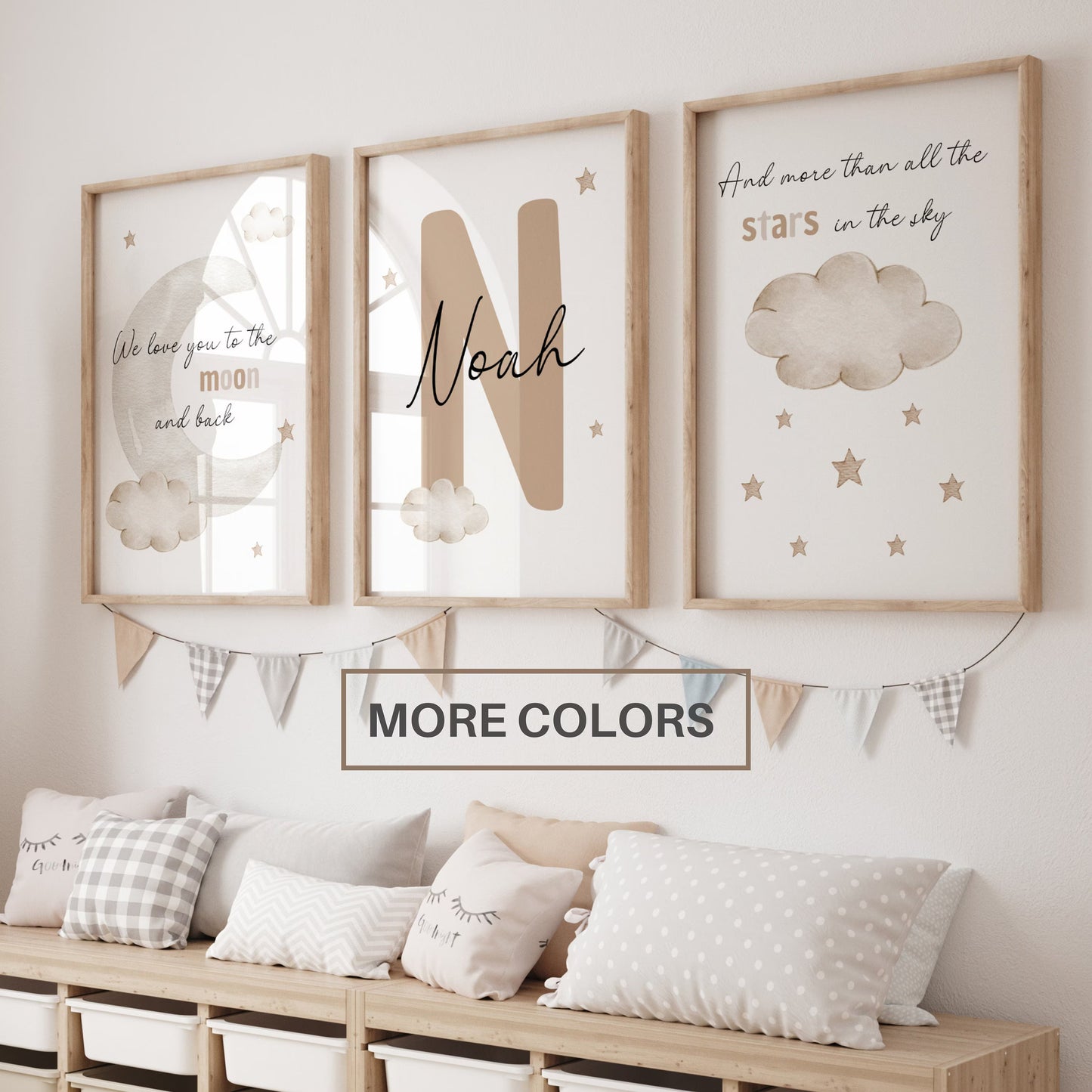 personalized nursery wall art set moon stars cloud neutral baby name prints set of 3