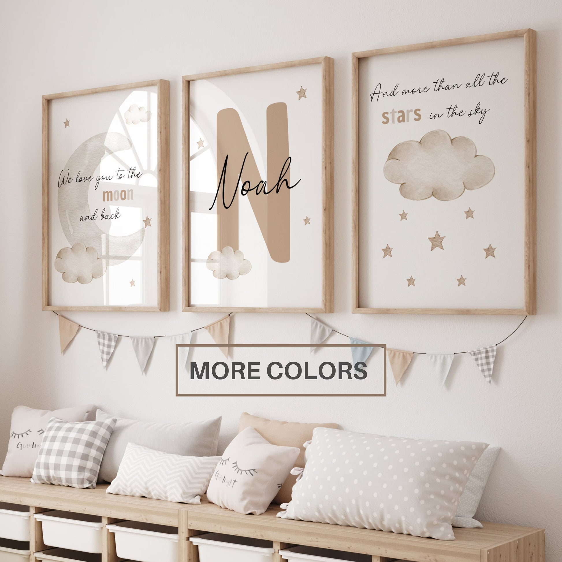 personalized nursery wall art set moon stars cloud neutral baby name prints set of 3