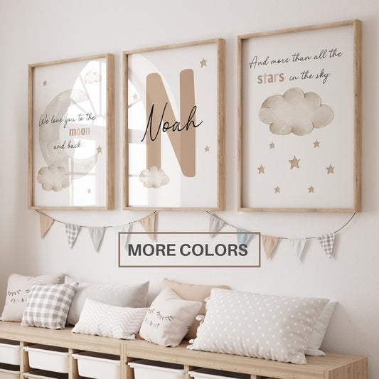 personalized nursery wall art set moon stars cloud neutral baby name prints set of 3
