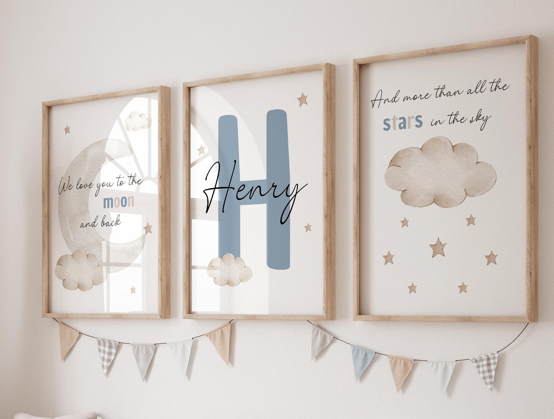 personalized nursery wall art set moon stars cloud neutral baby name prints set of 3 Suartprintstudio