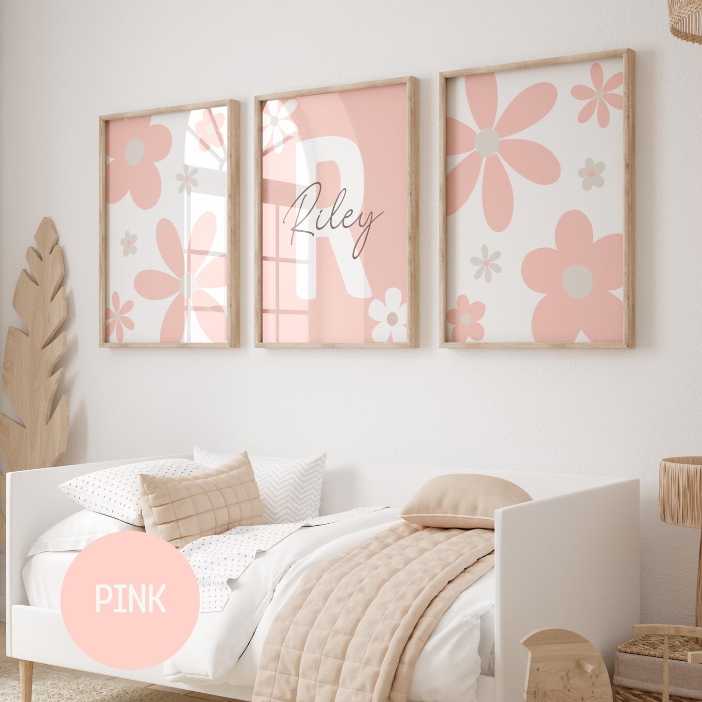 Personalized Daisy Nursery Wall Art Prints (Set of 3) | Baby Name Sign & Floral Girl Room Decor