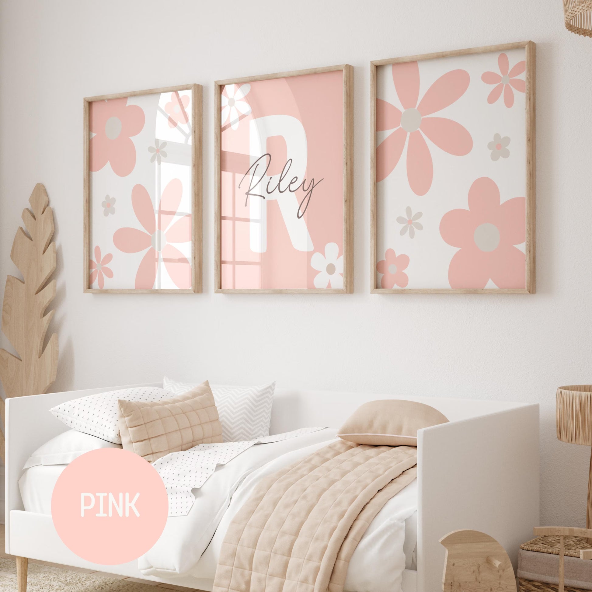 Personalized Daisy Nursery Wall Art Prints (Set of 3) | Baby Name Sign & Floral Girl Room Decor
