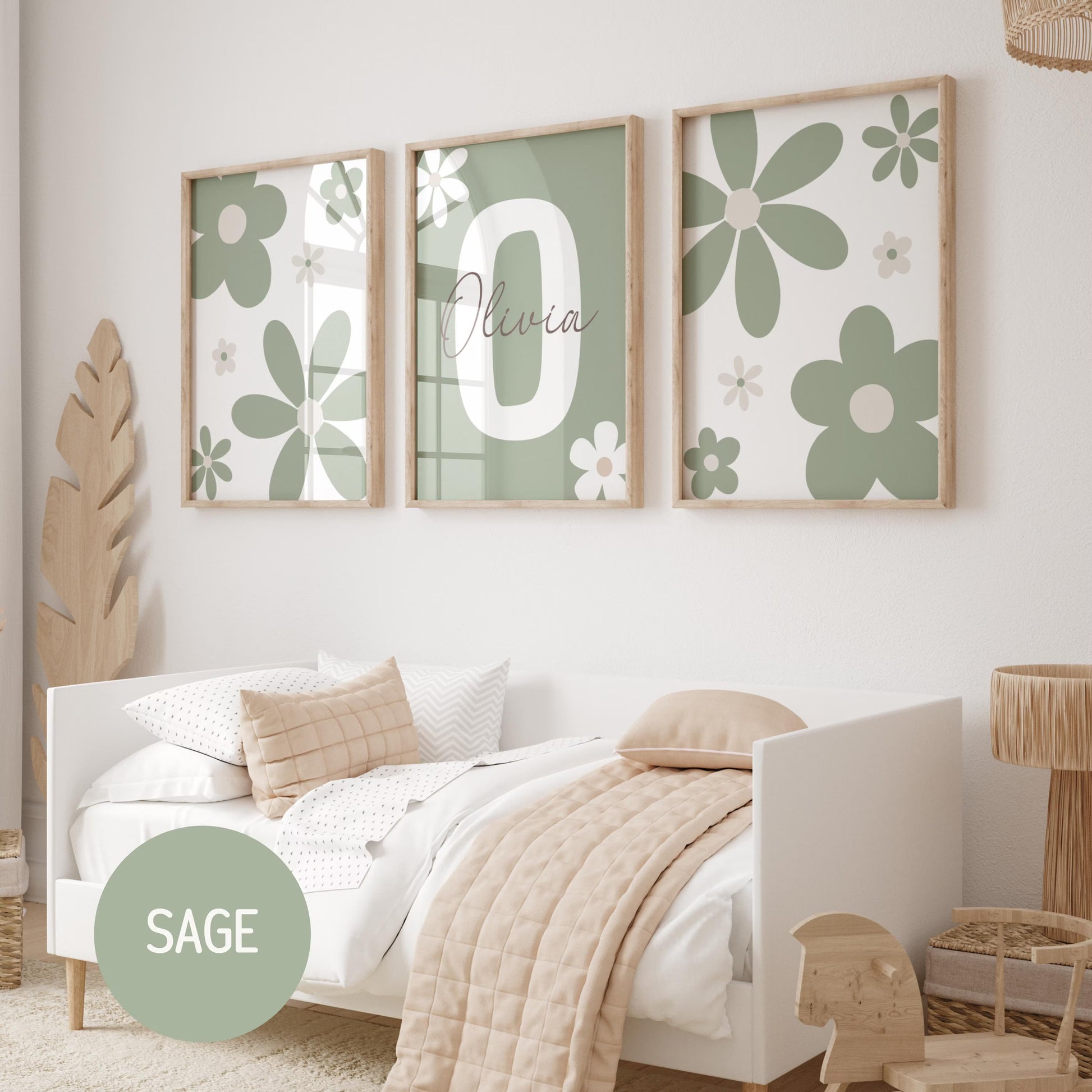 Personalized Daisy Nursery Wall Art Prints (Set of 3) | Baby Name Sign & Floral Girl Room Decor