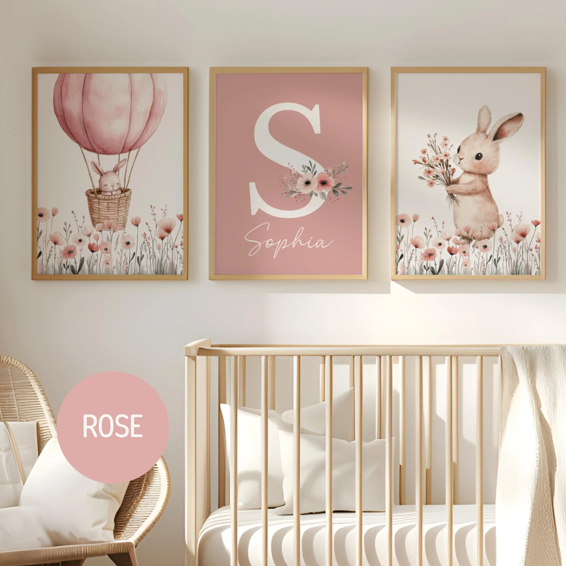 Personalised baby bunny nursery wall art set of 3, custom name sign print, girl nursery decor, watercolor bunny, Girls room decor, baby shower gift, baby name sign, digital download
