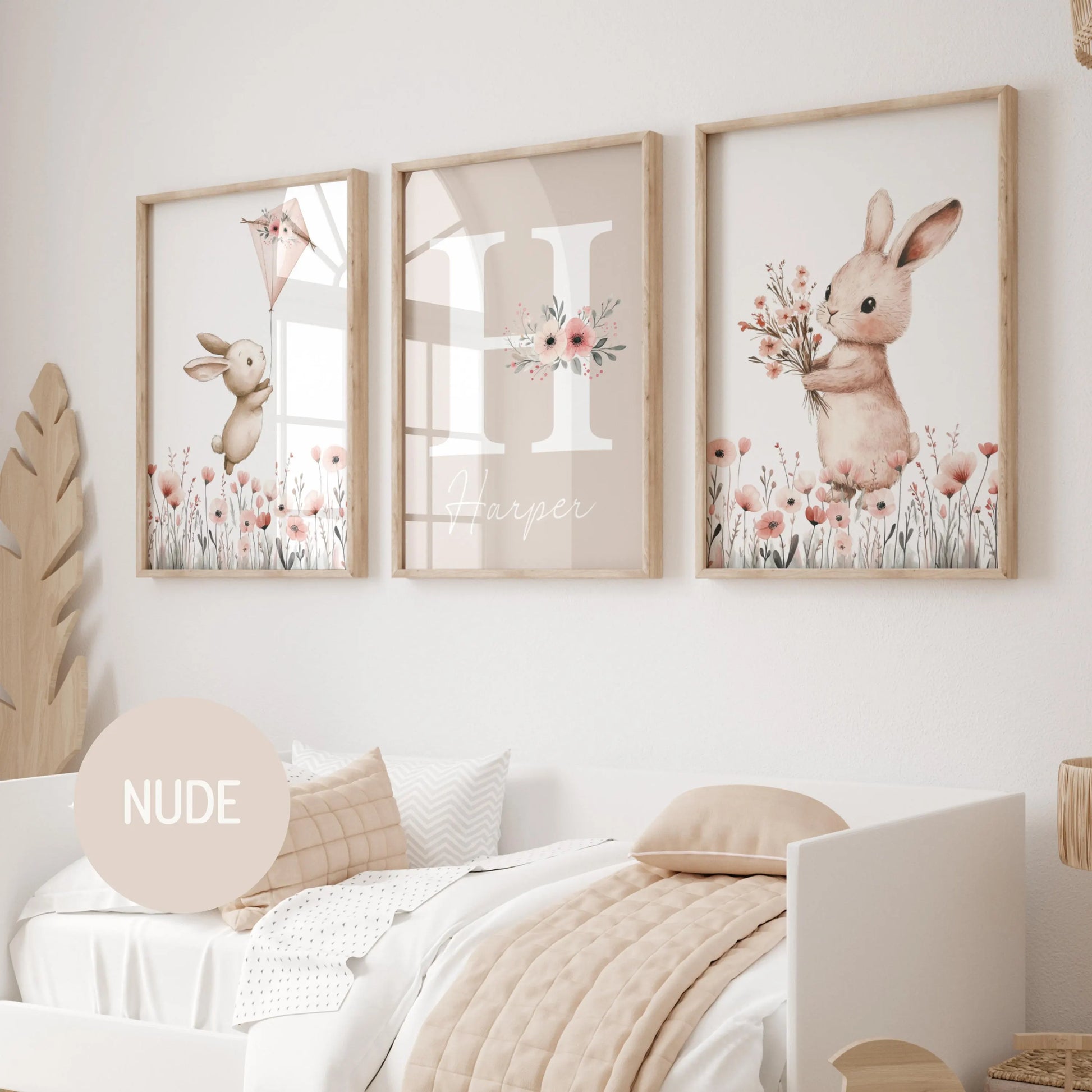 Personalised baby bunny nursery wall art set of 3, custom name sign print, girl nursery decor, watercolor bunny, Girls room decor, baby shower gift, baby name sign, digital download
