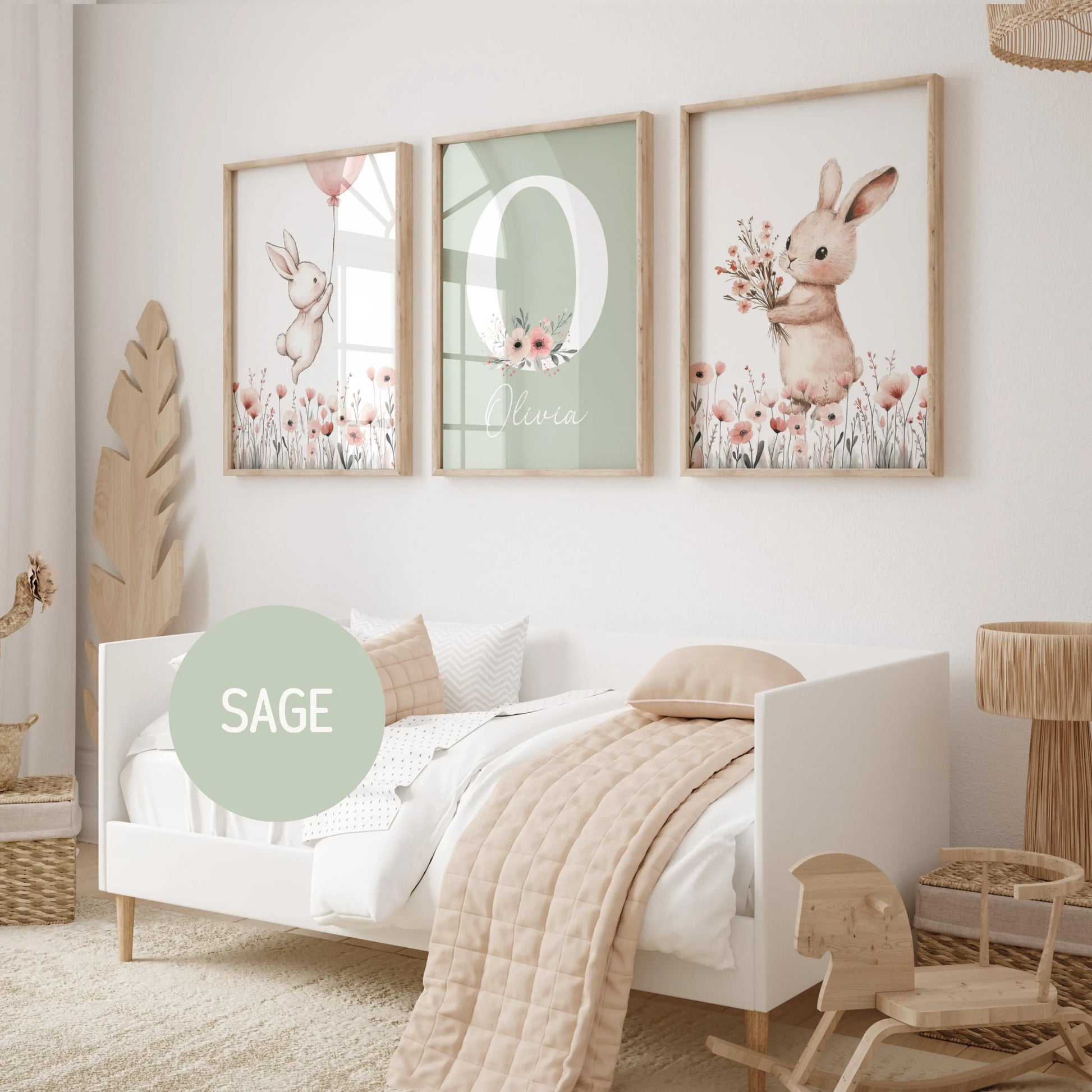 Personalised baby bunny nursery wall art set of 3, custom name sign print, girl nursery decor, watercolor bunny, Girls room decor, baby shower gift, baby name sign, digital download