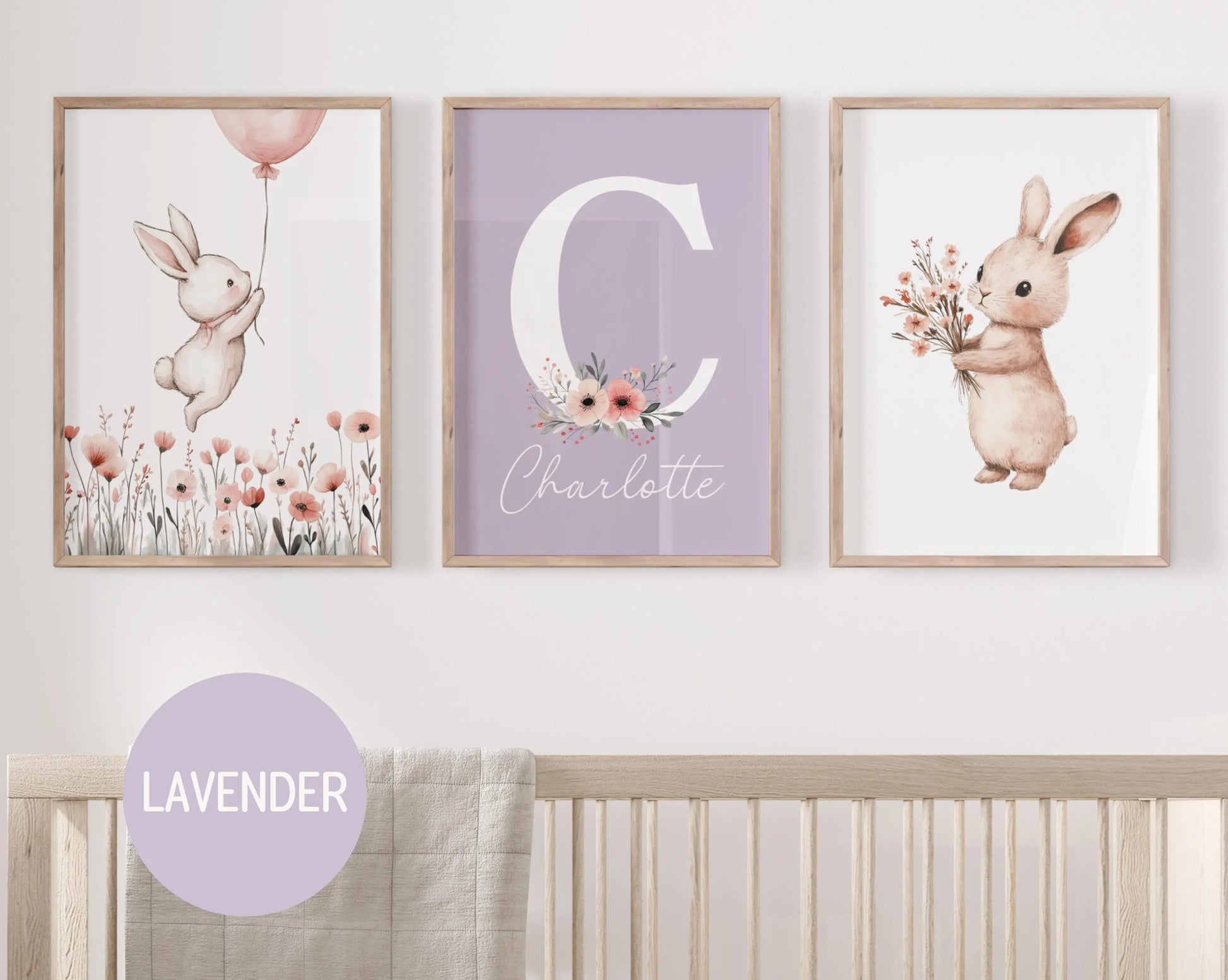 Personalised baby bunny nursery wall art set of 3, custom name sign print, girl nursery decor, watercolor bunny, Girls room decor, baby shower gift, baby name sign, digital download Suartprintstudio
