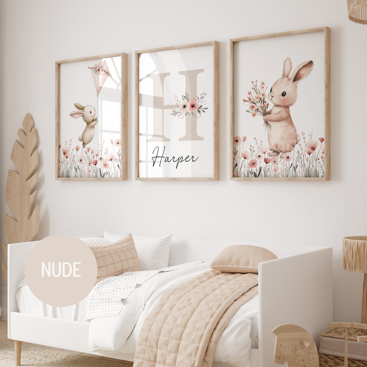 Bunny Nursery wall Art Print Set, Custom Name, Wildflowers, Girl Nursery prints, Rabbit, nursery decor (Digital Download)