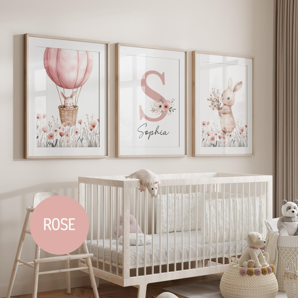 Bunny Nursery wall Art Print Set, Custom Name, Wildflowers, Girl Nursery prints, Rabbit, nursery decor (Digital Download)