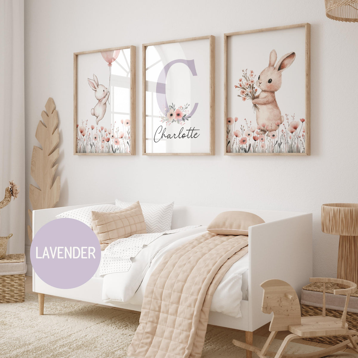 Bunny Nursery wall Art Print Set, Custom Name, Wildflowers, Girl Nursery prints, Rabbit, nursery decor (Digital Download)