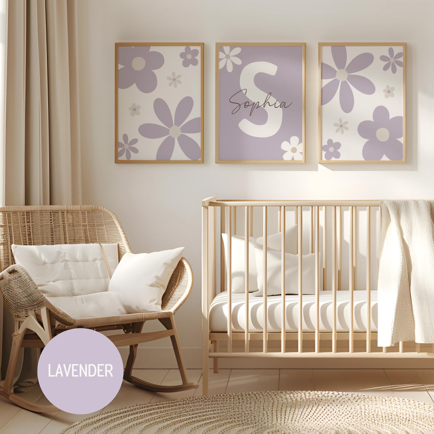 Personalized Daisy Nursery Wall Art Prints (Set of 3) | Baby Name Sign & Floral Girl Room Decor
