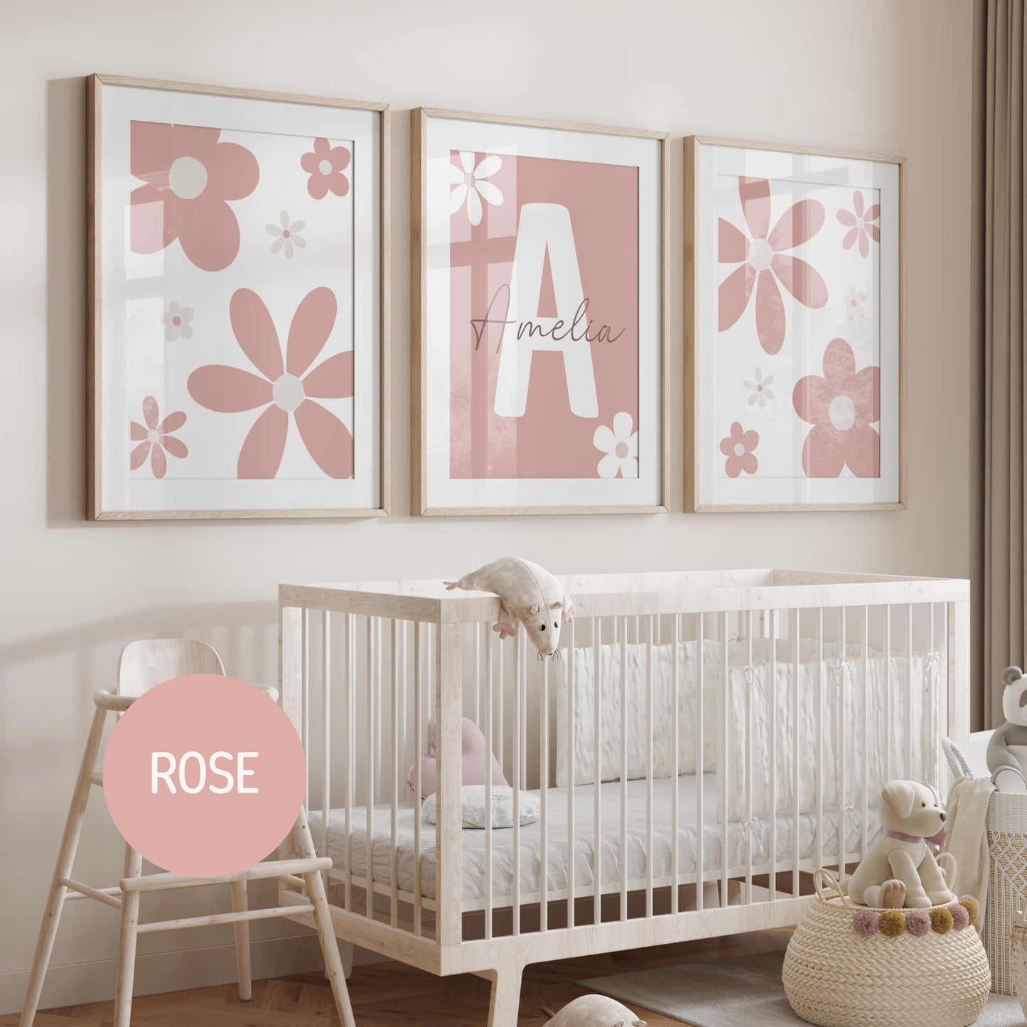 Personalized Daisy Nursery Wall Art Prints (Set of 3) | Baby Name Sign & Floral Girl Room Decor