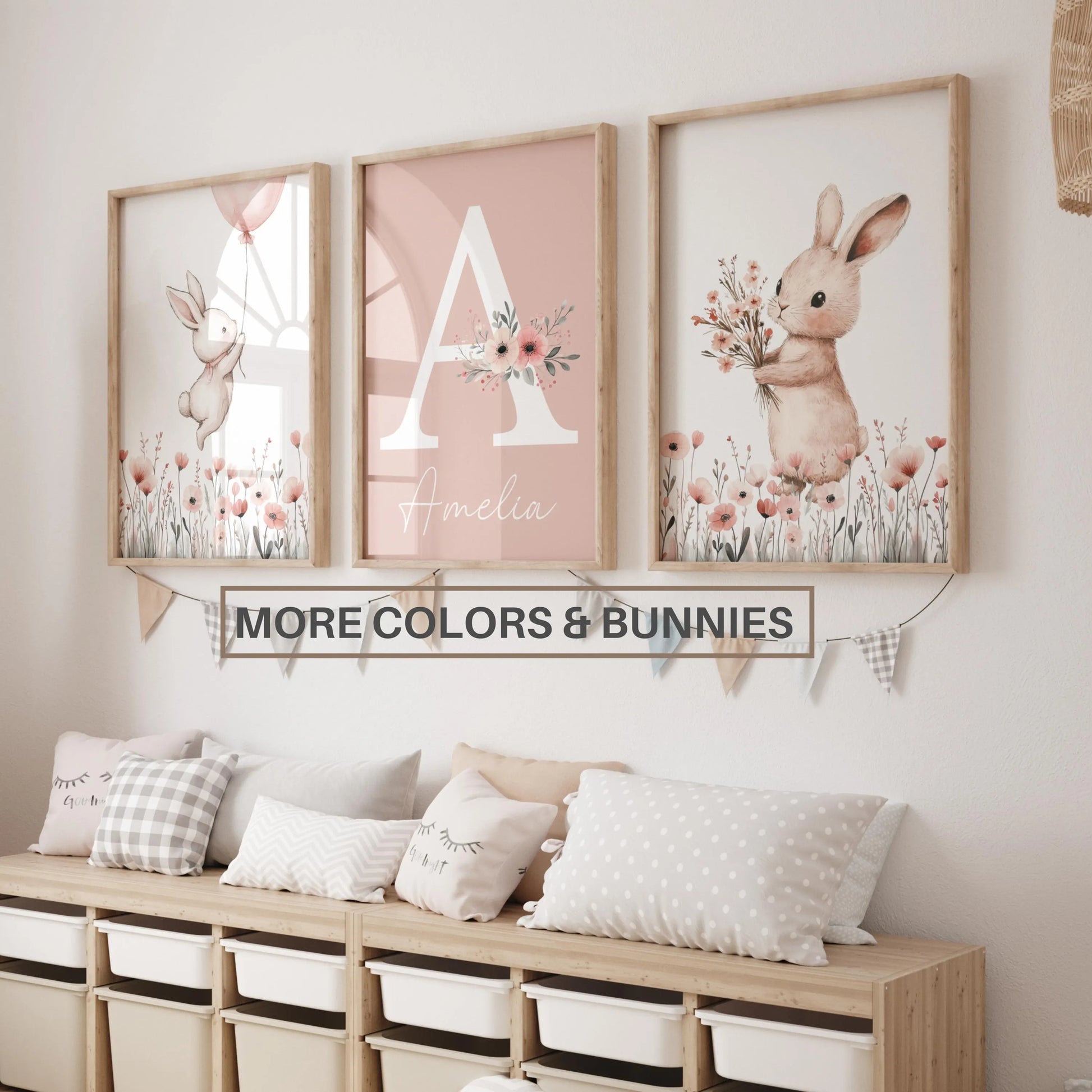Personalised baby bunny nursery wall art set of 3, custom name sign print, girl nursery decor, watercolor bunny, Girls room decor, baby shower gift, baby mame sign, digital download