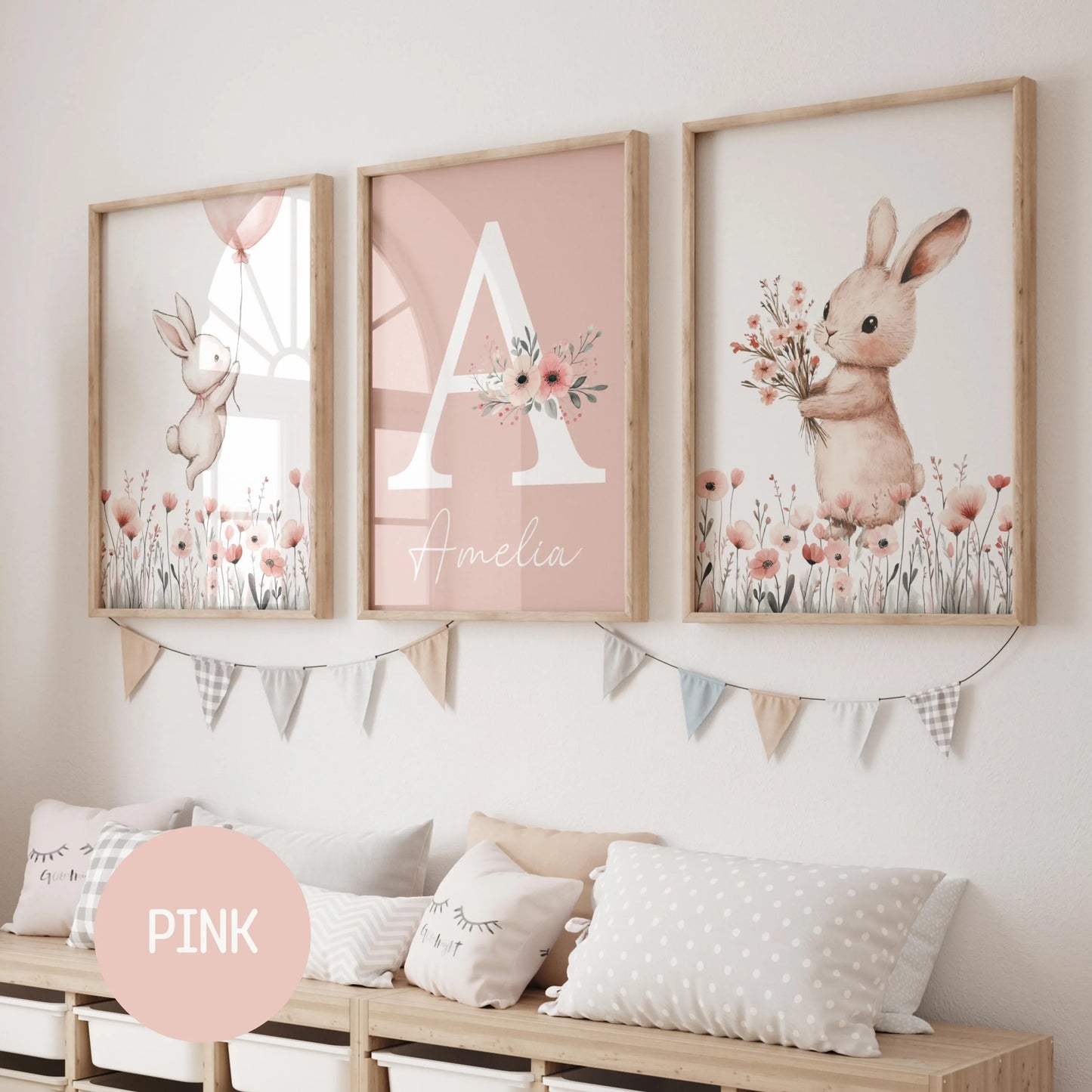 Personalised baby bunny nursery wall art set of 3, custom name sign print, girl nursery decor, watercolor bunny, Girls room decor, baby shower gift, baby name sign, digital download Suartprintstudio
