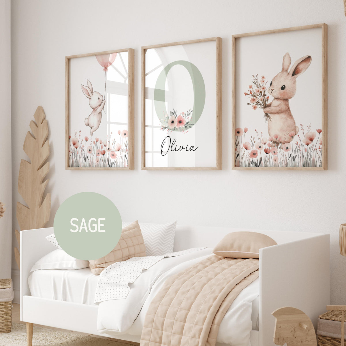 Bunny Nursery wall Art Print Set, Custom Name, Wildflowers, Girl Nursery prints, Rabbit, nursery decor (Digital Download)