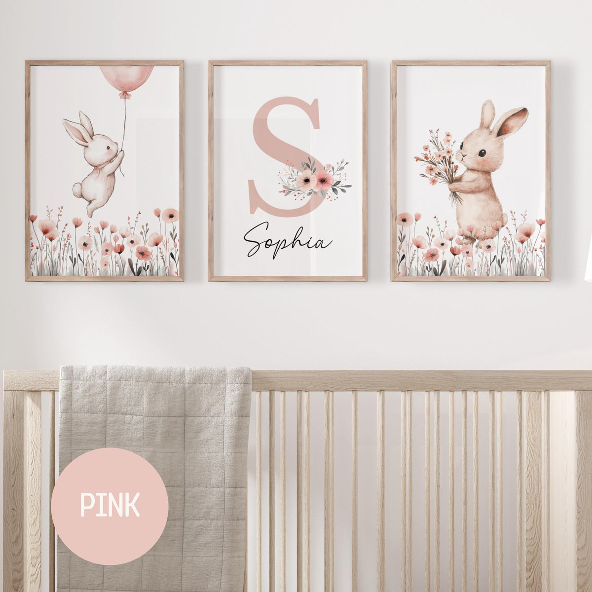 Bunny Nursery wall Art Print Set, Custom Name, Wildflowers, Girl Nursery prints, Rabbit, nursery decor (Digital Download)
