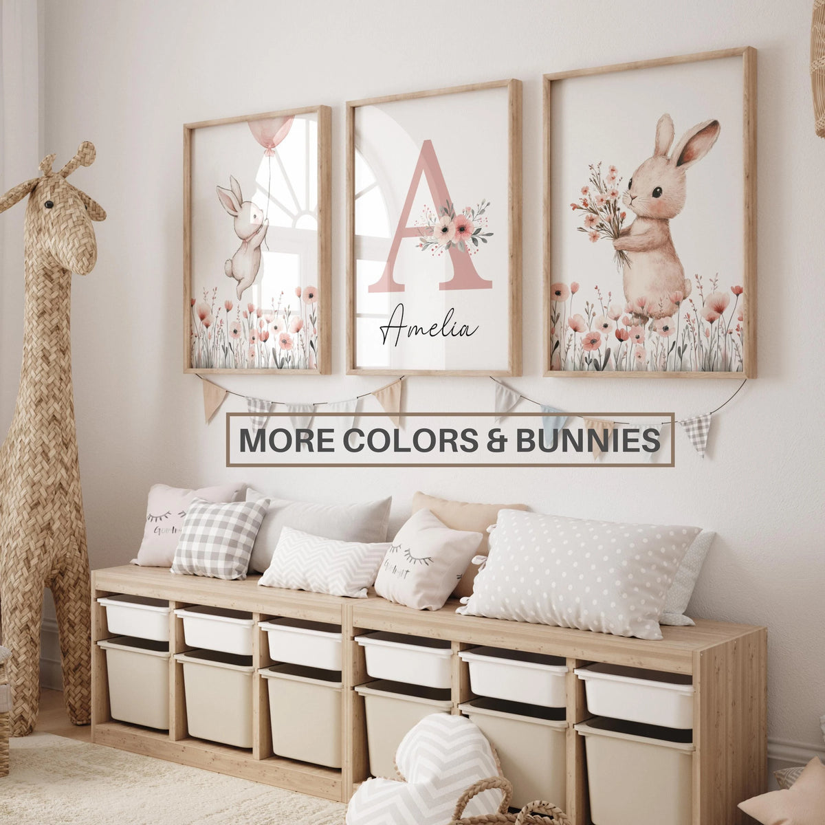 Bunny Nursery wall Art Print Set, Custom Name, Wildflowers, Girl Nursery prints, Rabbit, nursery decor (Digital Download)
